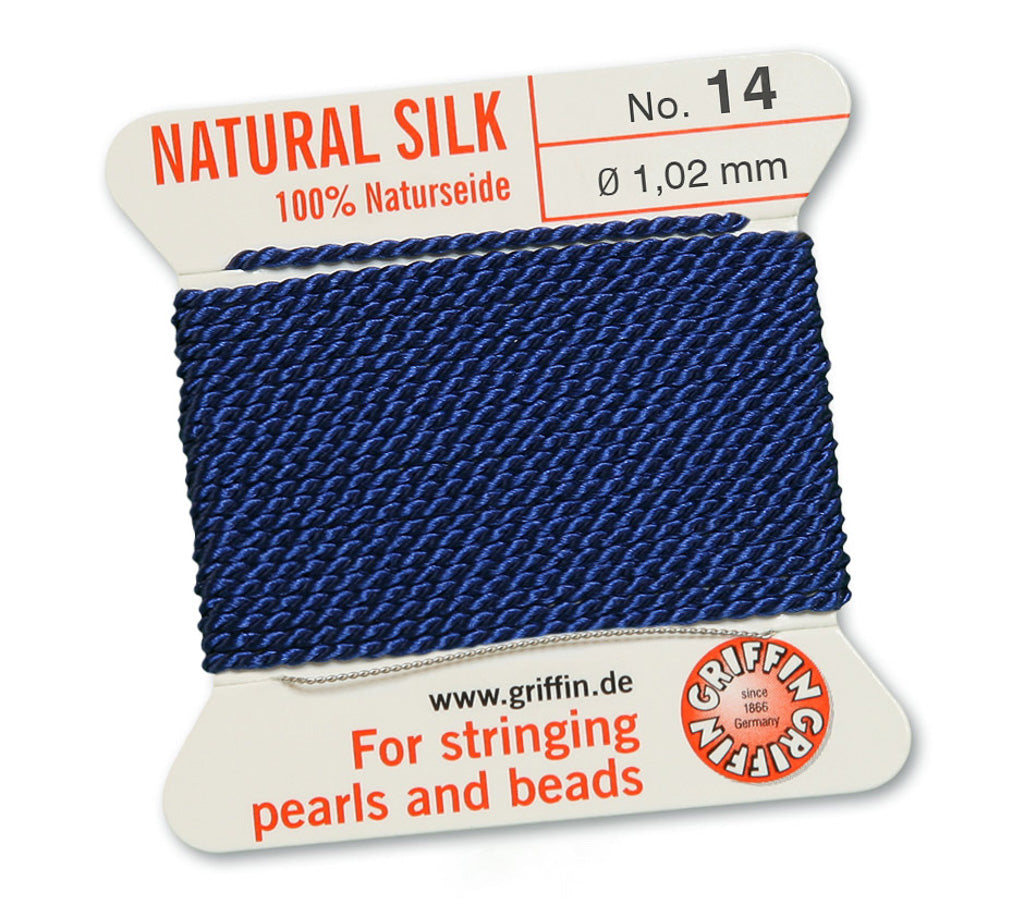 Silk Cord. Griffin, #14 Dark Blue, 1.02mm Diameter, 2 Meter Natural Silk Beading Cord. Spools sold per pack - 1 Spool.