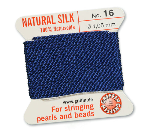 Silk Cord. Griffin, #16 Dark Blue, 1.05mm Diameter, 2 Meter Natural Silk Beading Cord. Spools sold per pack - 1 Spool.