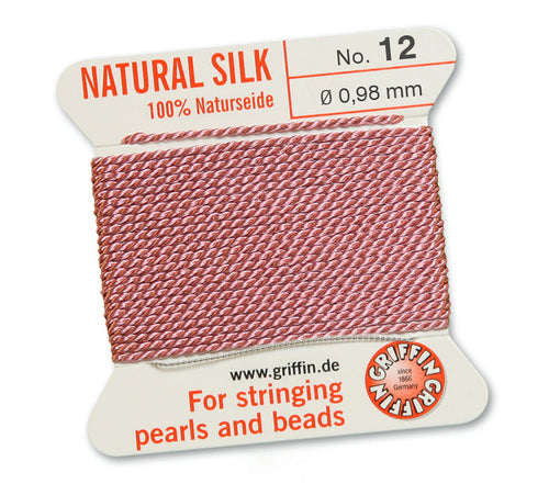 Silk Cord. Griffin, #12 Dark Pink, 0.98mm Diameter, 2 Meter Natural Silk Beading Cord. Spools sold per pack - 1 Spool.