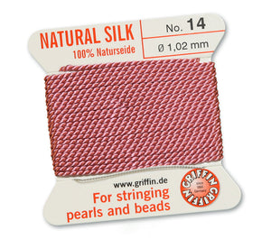 Silk Cord. Griffin, #14 Dark Pink, 1.02mm Diameter, 2 Meter Natural Silk Beading Cord. Spools sold per pack - 1 Spool.