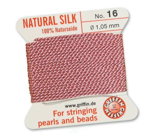 Silk Cord. Griffin, #16 Dark Pink, 1.05mm Diameter, 2 Meter Natural Silk Beading Cord. Spools sold per pack - 1 Spool.