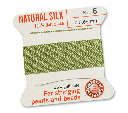 Silk Cord. Griffin, #5 Jade Green, 0.65mm Diameter, 2 Meter Natural Silk Beading Cord. Spools sold per pack - 1 Spool.