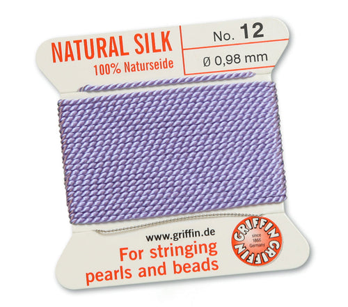 Silk Cord. Griffin, #12 Lilac, 0.98mm Diameter, 2 Meter Natural Silk Beading Cord. Spools sold per pack - 1 Spool.