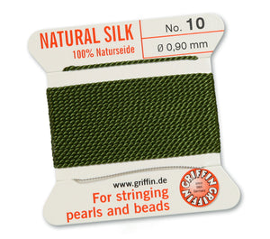 Silk Cord. Griffin, #10 Olive, 0.90mm Diameter, 2 Meter Natural Silk Beading Cord. Spools sold per pack - 1 Spool.