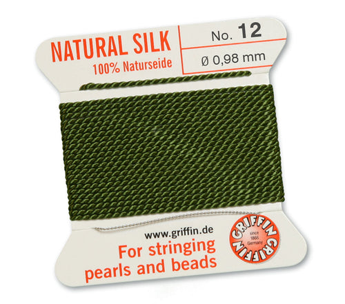 Silk Cord. Griffin, #12 Olive, 0.98mm Diameter, 2 Meter Natural Silk Beading Cord. Spools sold per pack - 1 Spool.