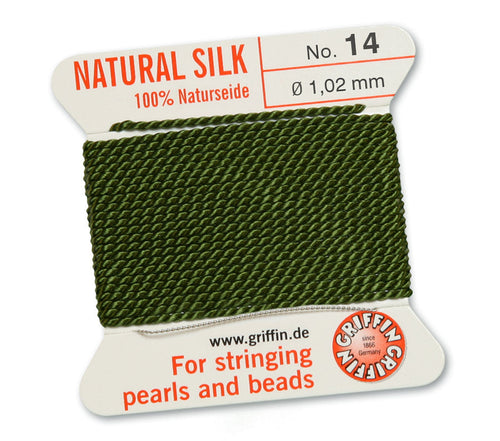 Silk Cord. Griffin, #14 Olive, 1.02mm Diameter, 2 Meter Natural Silk Beading Cord. Spools sold per pack - 1 Spool.