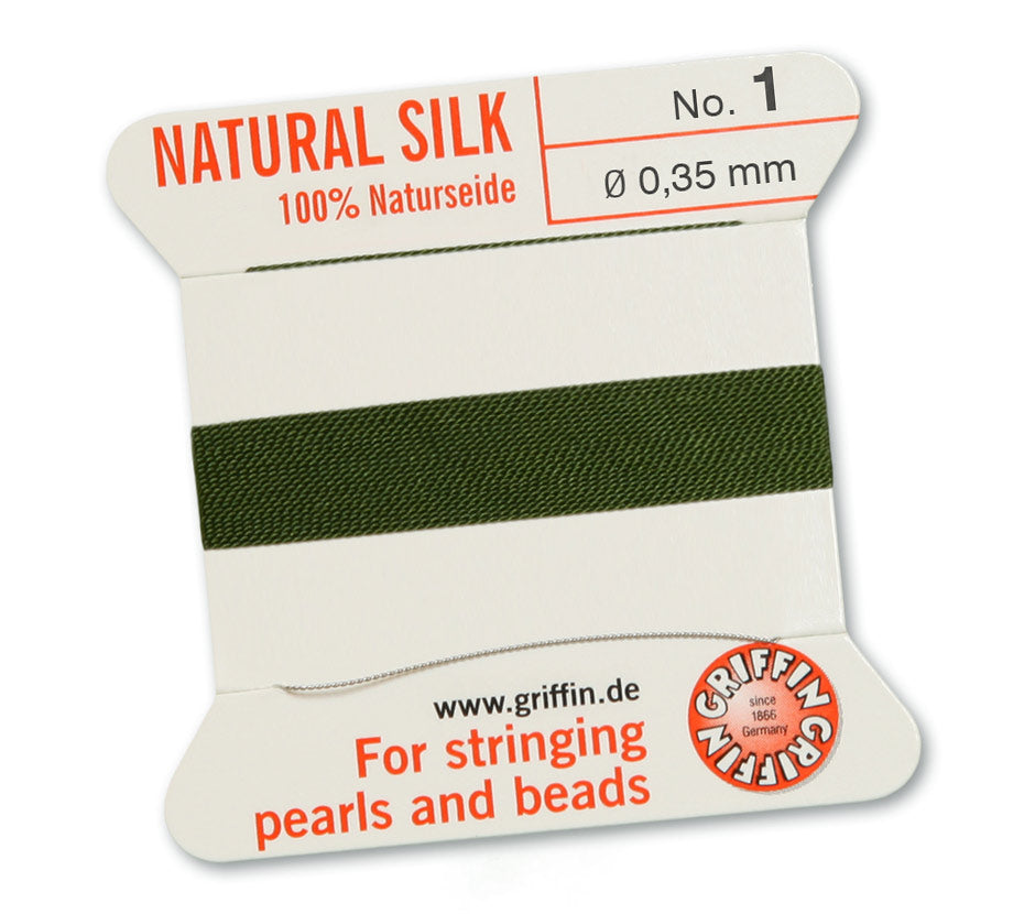 Silk Cord. Griffin, #1 Olive, 0.35mm Diameter, 2 Meter Natural Silk Beading Cord. Spools sold per pack - 1 Spool.