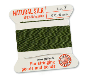 Silk Cord. Griffin, #7 Olive, 0.75mm Diameter, 2 Meter Natural Silk Beading Cord. Spools sold per pack - 1 Spool.