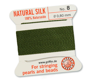 Silk Cord. Griffin, #8 Olive, 0.80mm Diameter, 2 Meter Natural Silk Beading Cord. Spools sold per pack - 1 Spool.