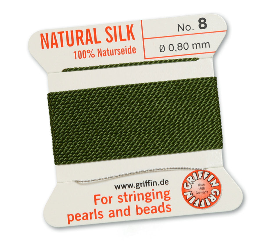 Silk Cord. Griffin, #8 Olive, 0.80mm Diameter, 2 Meter Natural Silk Beading Cord. Spools sold per pack - 1 Spool.