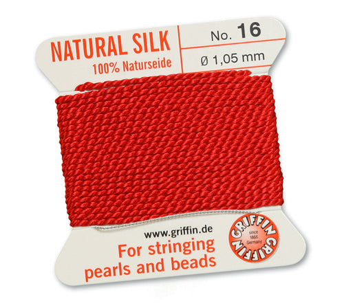 Silk Cord. Griffin, #16 Red, 1.05mm Diameter, 2 Meter Natural Silk Beading Cord. Spools sold per pack - 1 Spool.