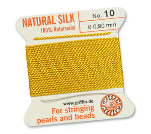 Silk Cord. Griffin, #10 Yellow, 0.90mm Diameter, 2 Meter Natural Silk Beading Cord. Spools sold per pack - 1 Spool.