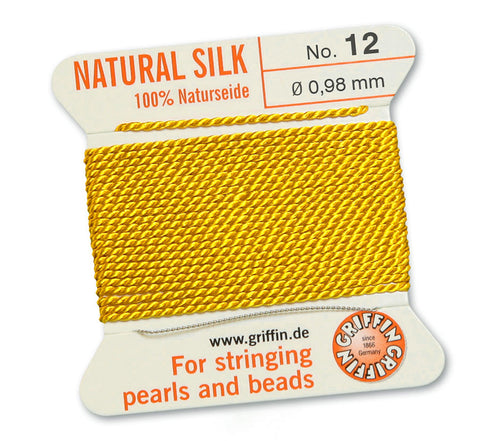 Silk Cord. Griffin, #12 Yellow, 0.98mm Diameter, 2 Meter Natural Silk Beading Cord. Spools sold per pack - 1 Spool.