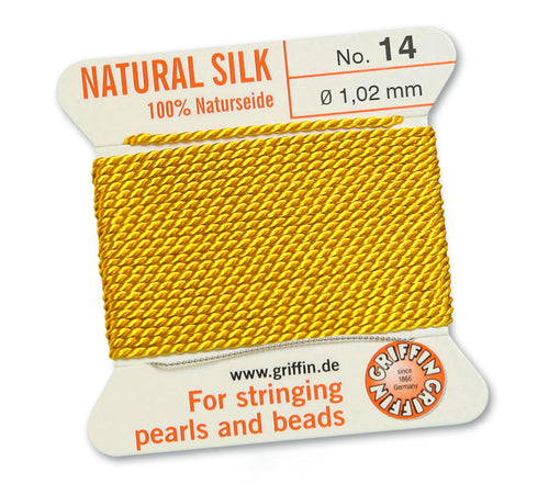 Silk Cord. Griffin, #14 Yellow, 1.02mm Diameter, 2 Meter Natural Silk Beading Cord. Spools sold per pack - 1 Spool.