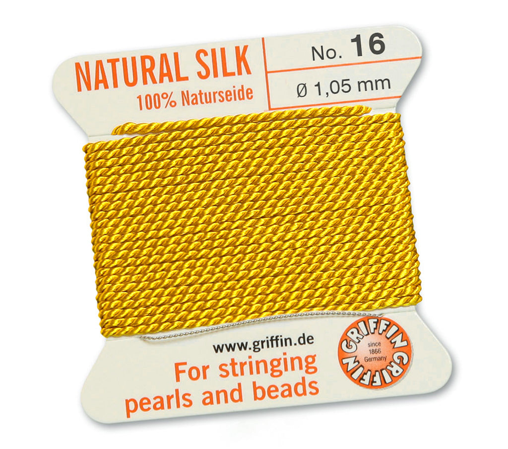 Silk Cord. Griffin, #16 Yellow, 1.05mm Diameter, 2 Meter Natural Silk Beading Cord. Spools sold per pack - 1 Spool.