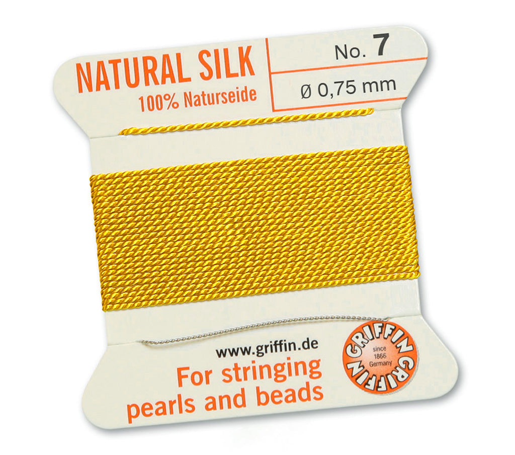 Silk Cord. Griffin, #7 Yellow, 0.75mm Diameter, 2 Meter Natural Silk Beading Cord. Spools sold per pack - 1 Spool.