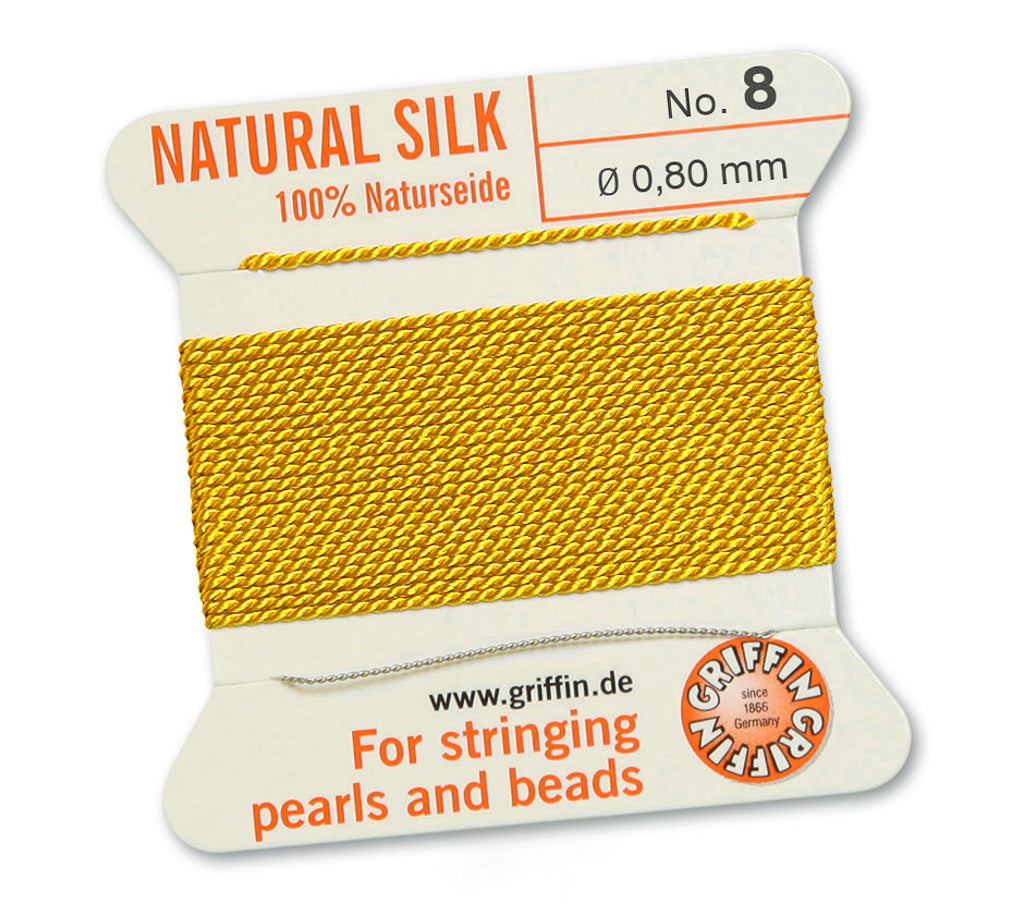 Silk Cord. Griffin, #8 Yellow, 0.80mm Diameter, 2 Meter Natural Silk Beading Cord. Spools sold per pack - 1 Spool.