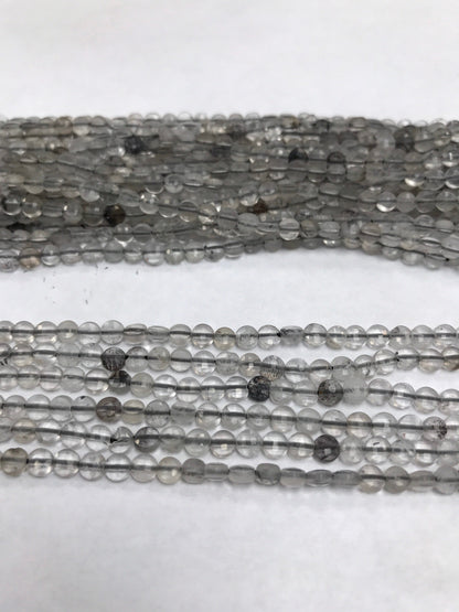 Black Routail Quartz Beads Faceted Coin, Routailated Quartz, Coin Beads