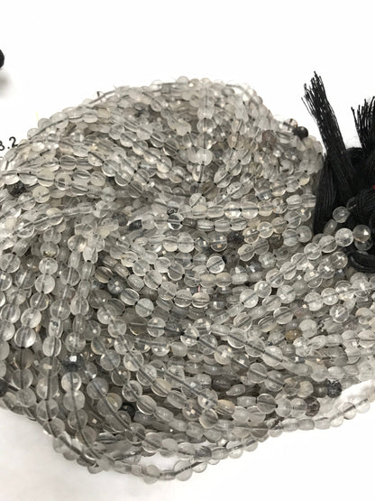 Black Routail Quartz Beads Faceted Coin, Routailated Quartz, Coin Beads