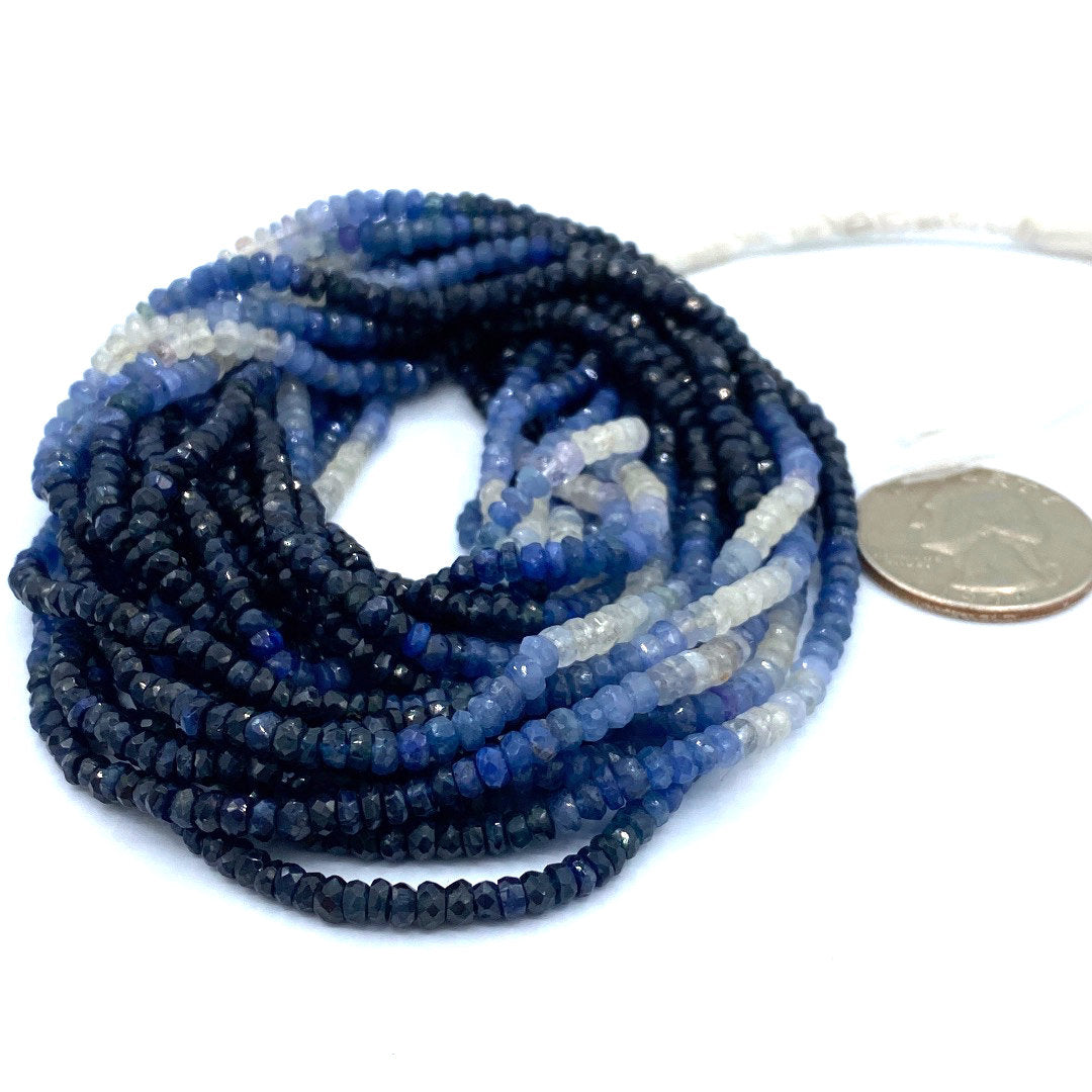 Blue and White Sapphire 3 to 4 mm Hand Faceted Rondelles 16" Bead Strand, Natural Sapphire Beads