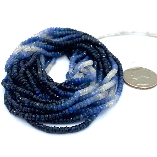 Blue and White Sapphire 3 to 4 mm Hand Faceted Rondelles 16" Bead Strand, Natural Sapphire Beads