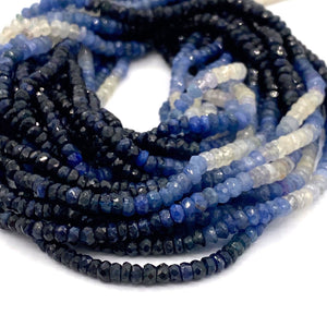Blue and White Sapphire 3 to 4 mm Hand Faceted Rondelles 16" Bead Strand, Natural Sapphire Beads