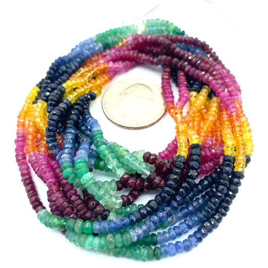 Ruby, Emerald and Sapphire Multi Color Beads Faceted Rondelles, 3 to 4 mm Hand Faceted Rondelles 16" Bead Strand, Multi Color Beads,